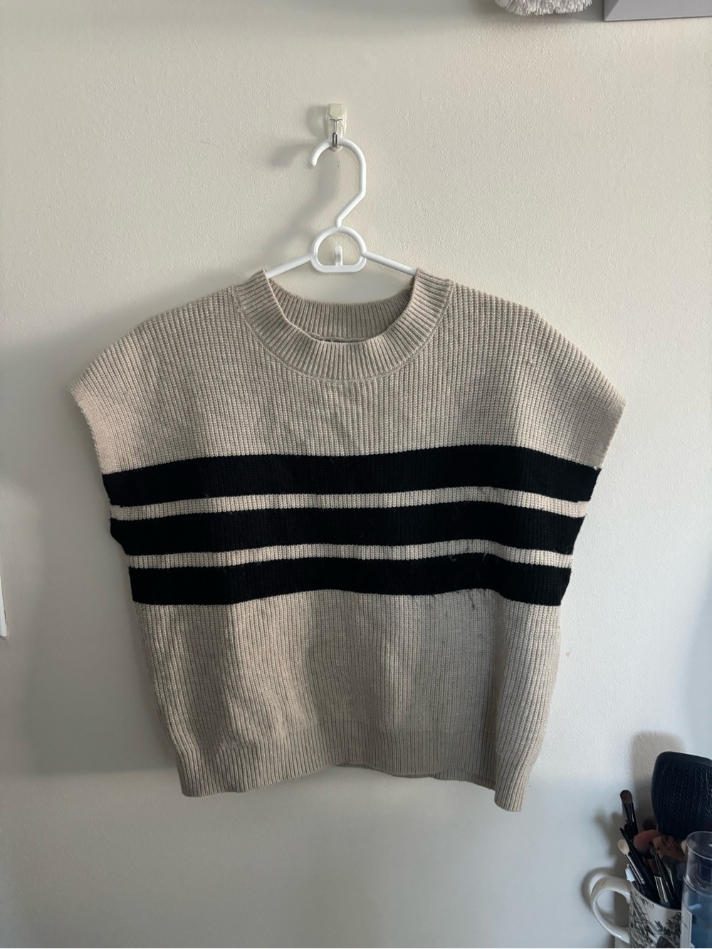 Sleeveless Knit Stripe Sweater Vest in Beige and Black